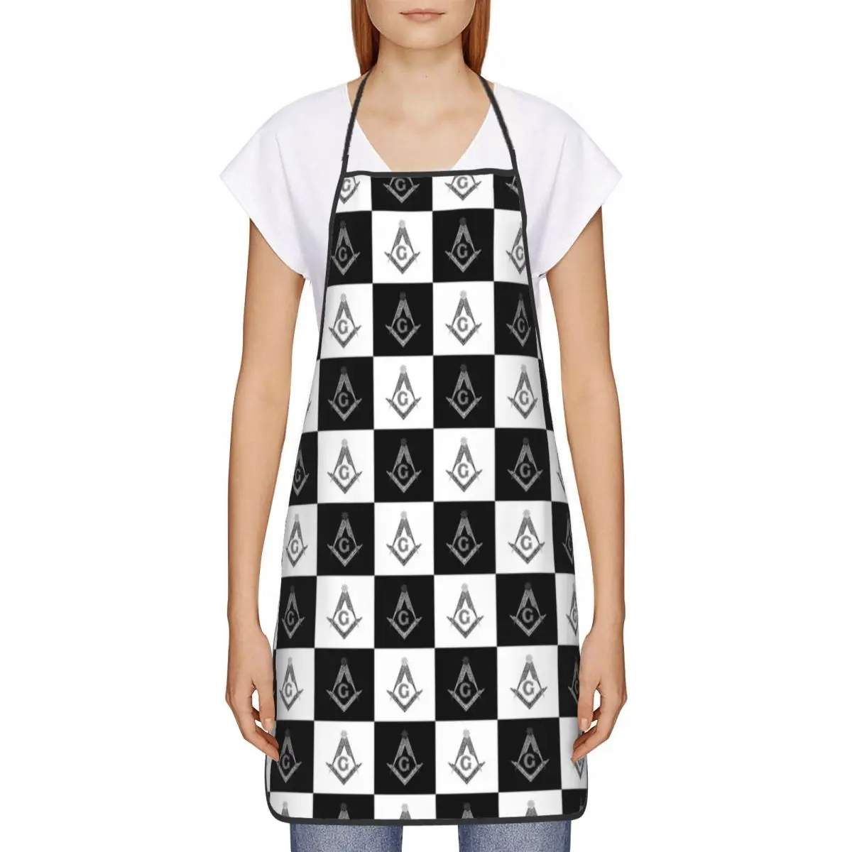 Freemason Checkered Pattern Apron Women Men Unisex Bib Freemasonry Masonic Kitchen Cooking Tablier Cuisine Chef Gardening