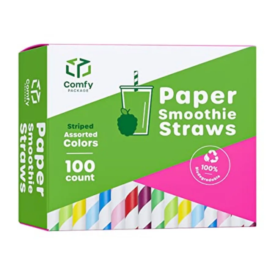 

Pack] 10 mm Jumbo Striped Paper Smoothie Straws, % Biodegradable Paper Boba Straws, Disposable Milkshake Straws - Assorted Colo