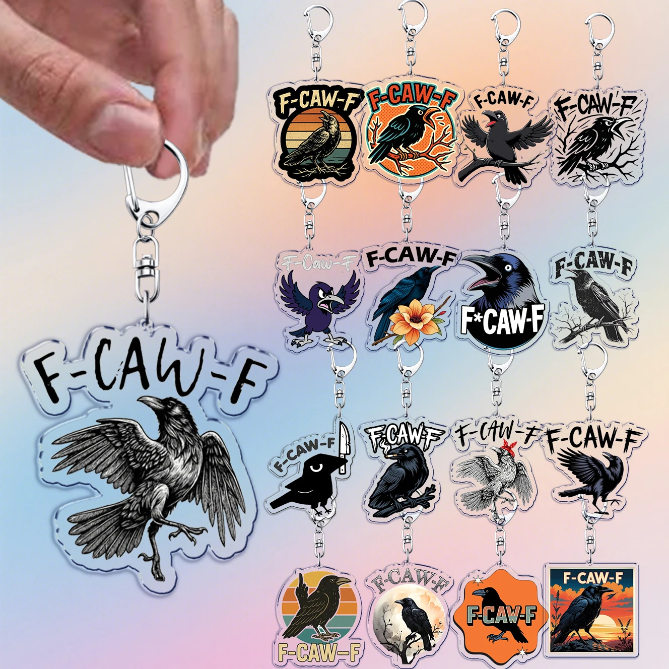 Funny F Caw F Meme Keychain Accessories Bag Charms Crow Raven Bird Dark Keyrings Jewelry Fans Freinds Gifts