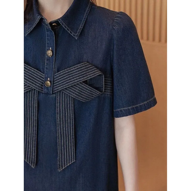 Robe d'été en Denim rétro pour femmes, grande taille, avec nœud, Cowgirl, manches courtes, hauts, t-shirts à revers, nouvelle collection 2024