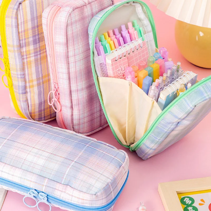 Kawaii-Grand étui à crayons mignon pour garçons et filles, sac de rangement esthétique, super grand, grille en toile, fournitures scolaires,