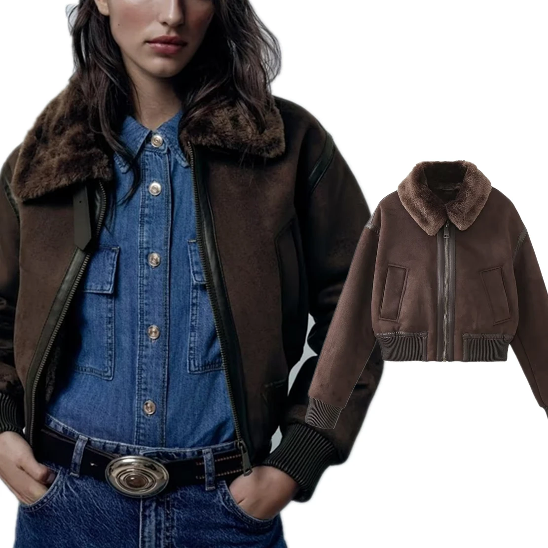 

Dave&Di Vintage Suede Short Jacket Fashion Women's Winter Casual Jacket Women Tops