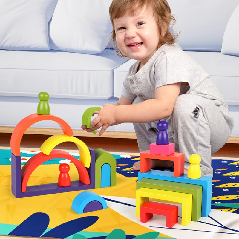 Mainan susun kayu pelangi mainan montesori permainan Puzzle anak blok bangunan geometris persegi/Arched kognisi bayi kreatif