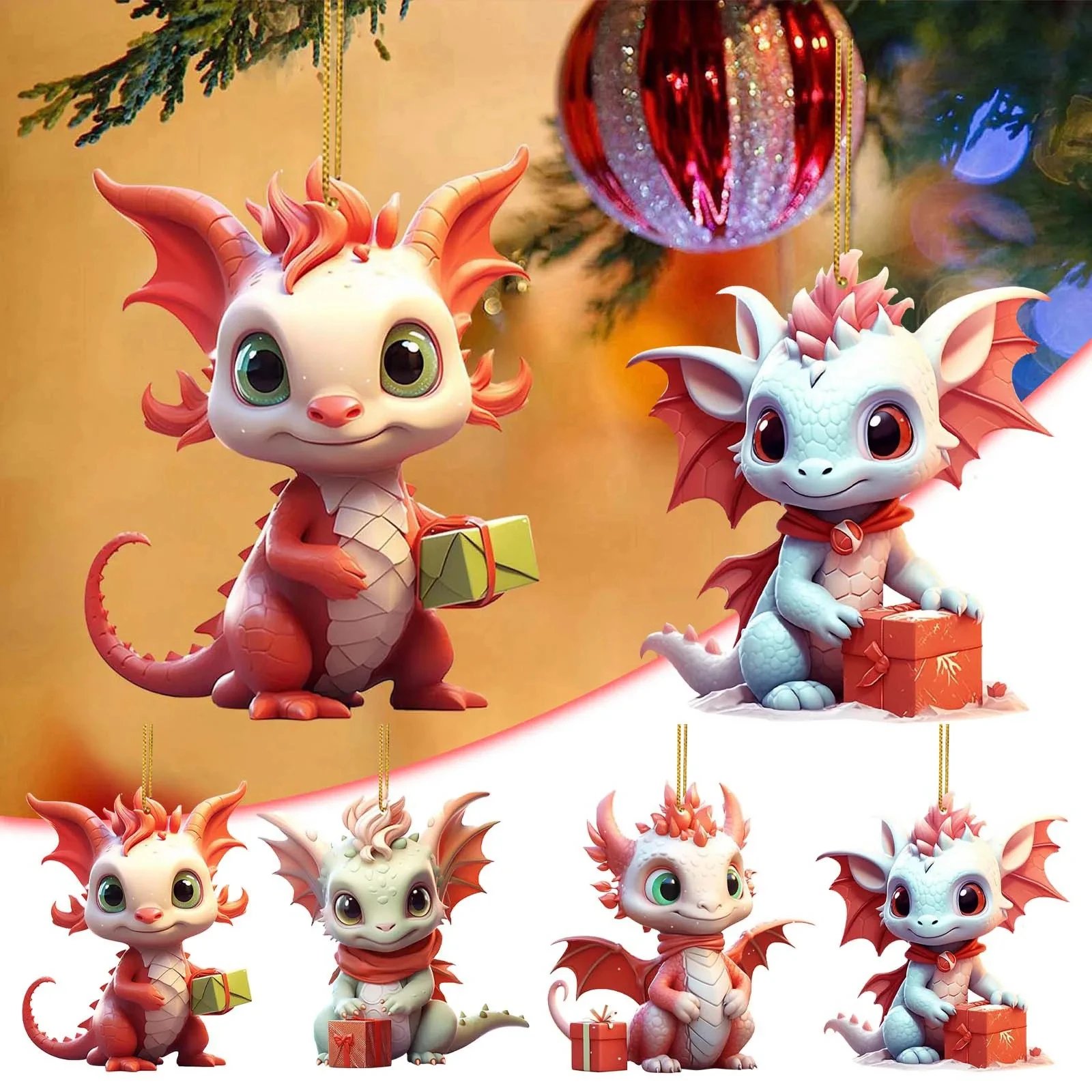 New 2D Acrylic Christmas Cute Dragon Baby Hanging Ornament Tree Charm Decorations Realistic Dragon Keychain Window Decor Gifts