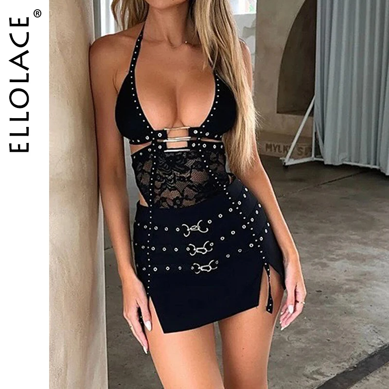 Ellolace Willowy Women's Dress Dark Romance Backless Splicing Hollow 2PC Set Sexy Halter Metal Corns Thong Hot Girls' Clubwear