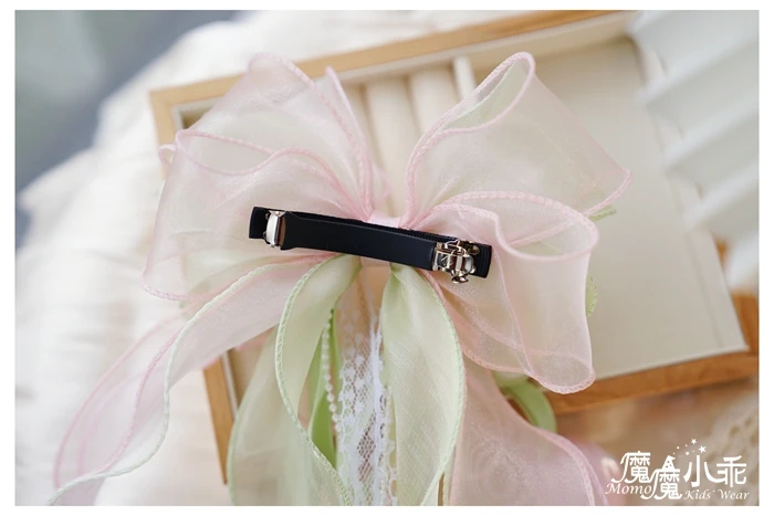 Girls' Pink-Green Tulip Bow Hair Clip Original Chinese-Style Fairy Accessory Ancient Costume Long Ribbon Hair Ornament