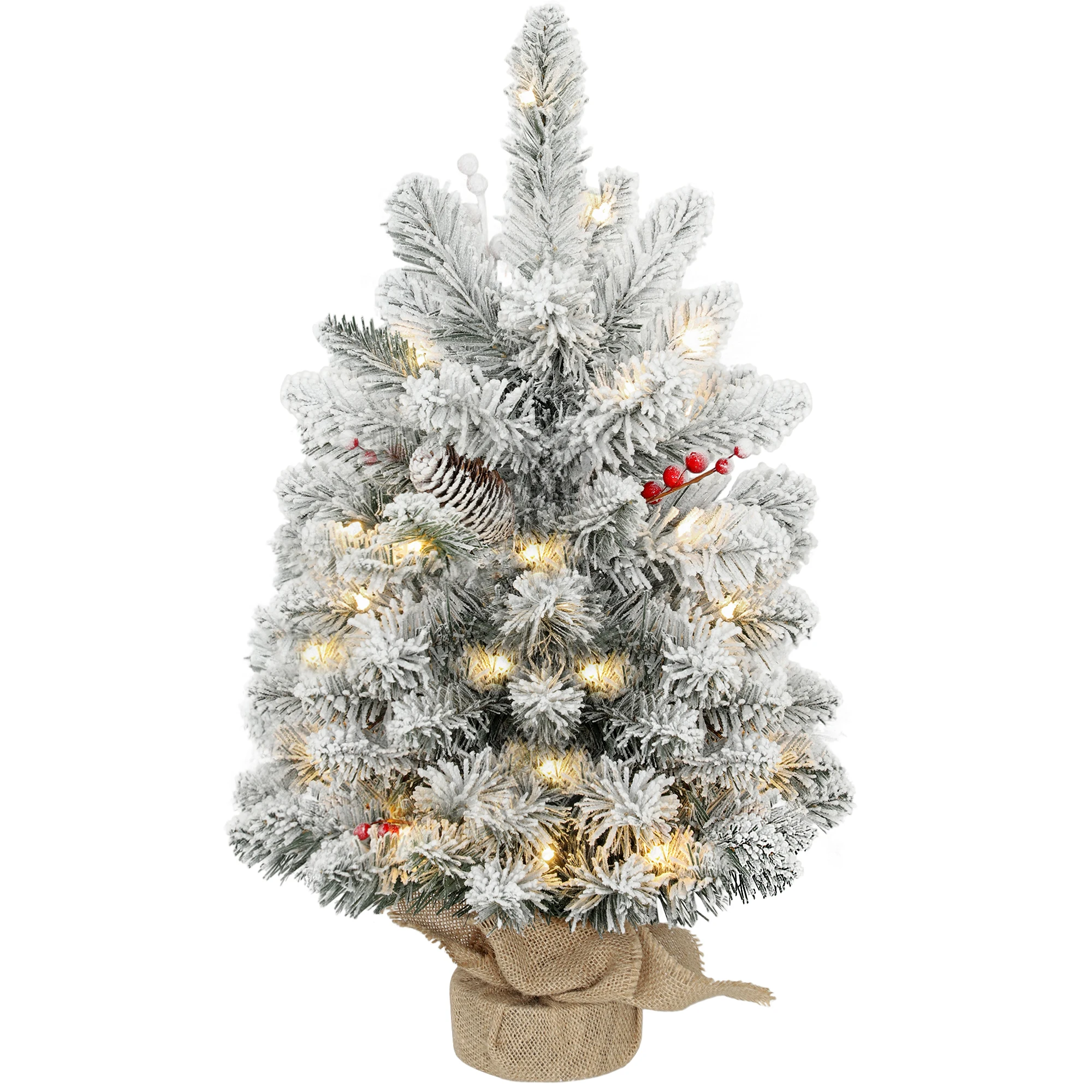 Homcom kerstboom met 35 led-verlichting, 60 cm, mini kunstkerstboom met 72 dichte takken met sneeuw, dennenappels, bessen en