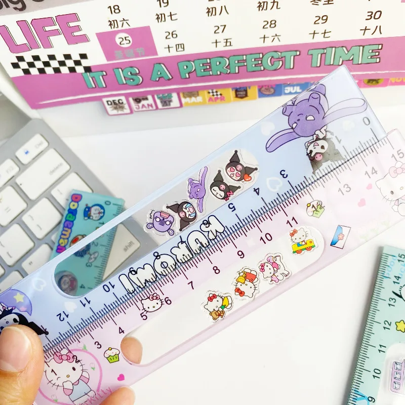 Cute Cartoon Sanrio Hello Kitty Cinnamoroll Kuromi Rocking Music Student Ruler 15cm Drawing Acrylic Ruler School Supplies