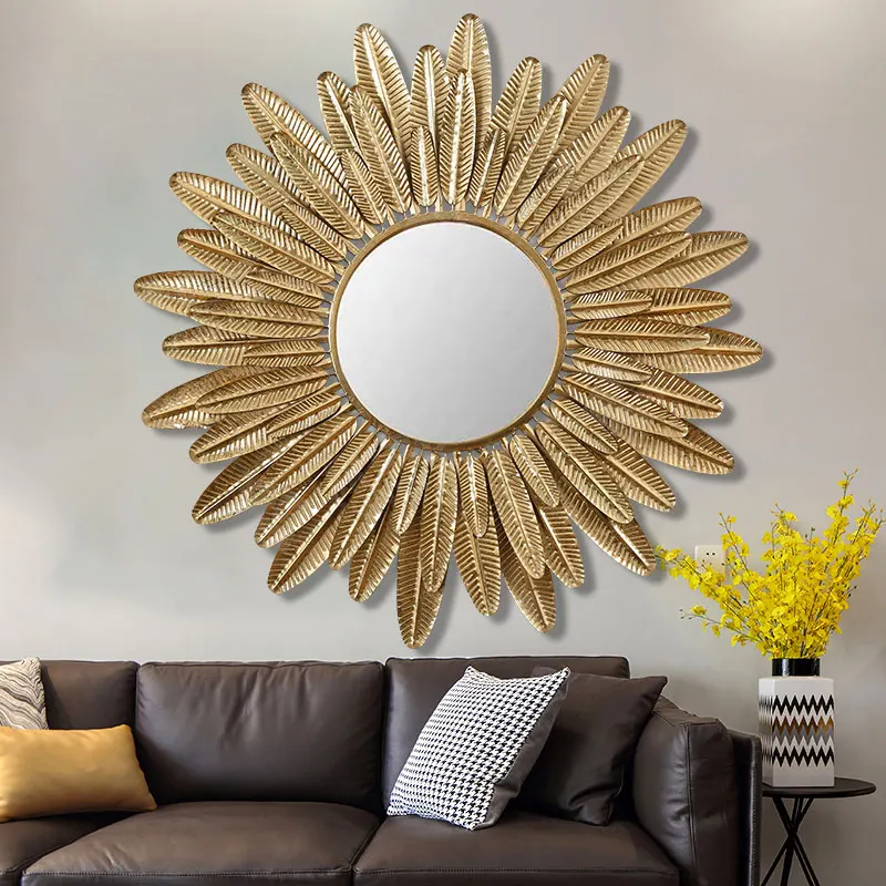 Luxury Iron Art Hollow Out The Sun With A Circular Mirror Home Decoration Leaf Frame Wall Mirror