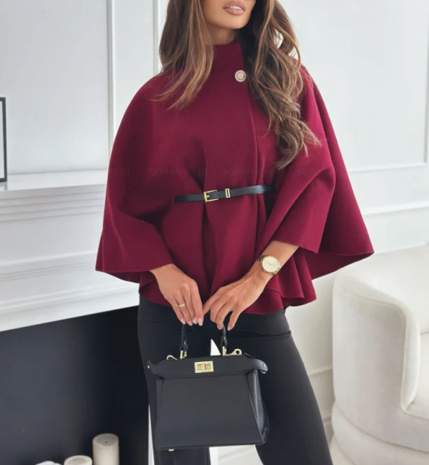 

Women's Winter Fashion Elegant Temperament Solid Color High Neck Button Decor Waist Tie Long Sleeve Loose Woolen Cloak Coat