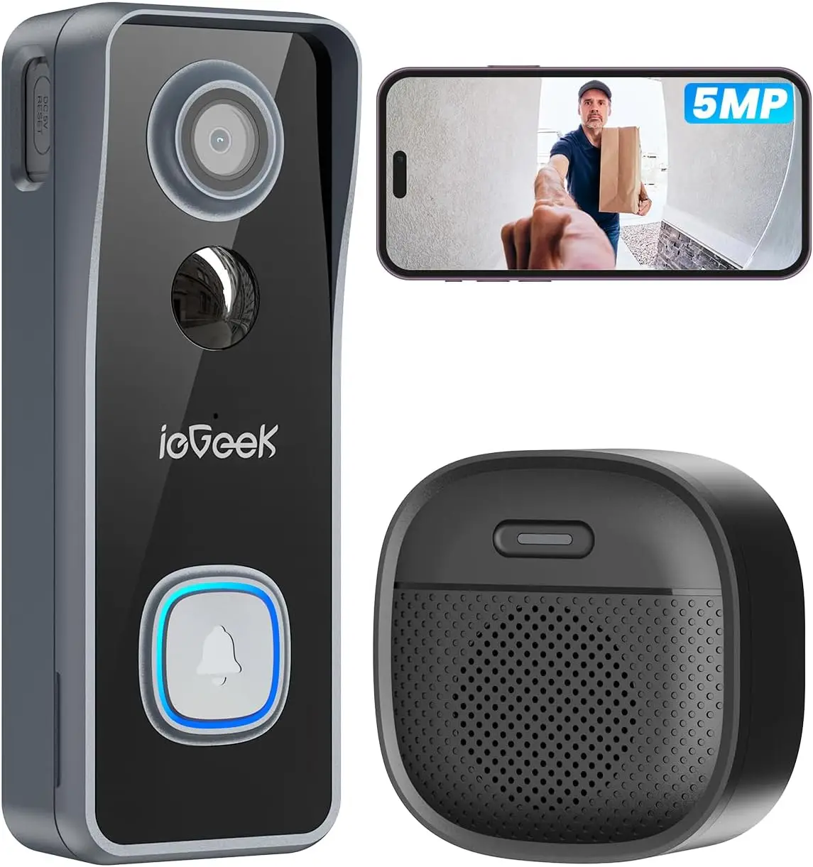 Doorbell Camera Wireless No Subscription, 5MP Ultra Clear View Night Vision, PIR Motion Detection, Video Doorbell with Indoor Chime, Local Storage 2-Way Audio, Only 2.4Ghz WiFi, Work with Alexa