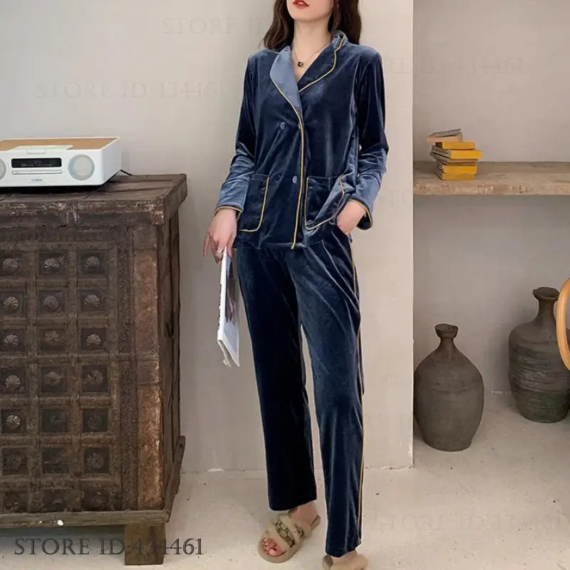 

Autumn Winter Fashion Women's Velvet Pajama Home Clothing Set Long Sleeve V-Neck Trouser Suits Loose Velour Loungewear Pyjama
