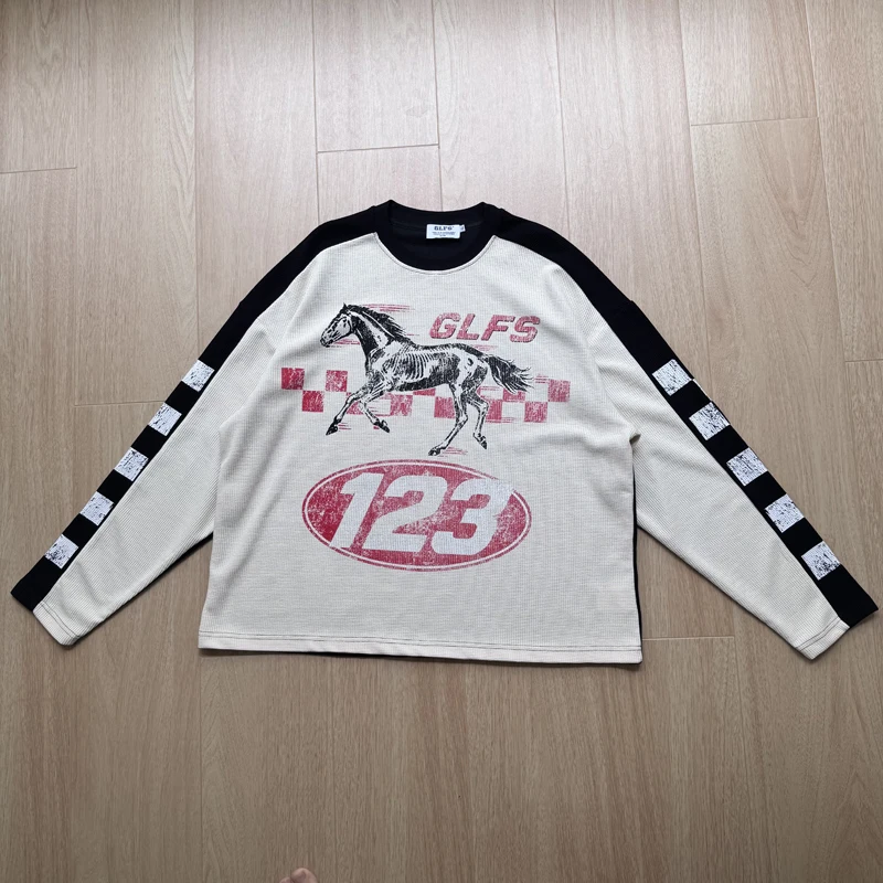 Patchwork Waffle Long Sleeve Running Horse 123 Label T Shirt Tops Tee Men Women Color Blocking Loose Quick Dry Breathe Tops Tee