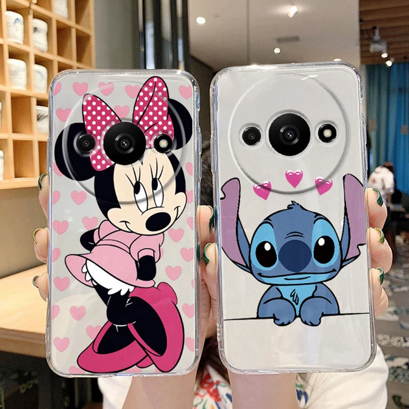 For Redmi A3 A4 14C 4G 9A Note 8 9 Pro 9S 9T A3X Poco X3 C75 C61 Phone Case Couple Mickey Minnie Mouse Stitch Transparent Cover