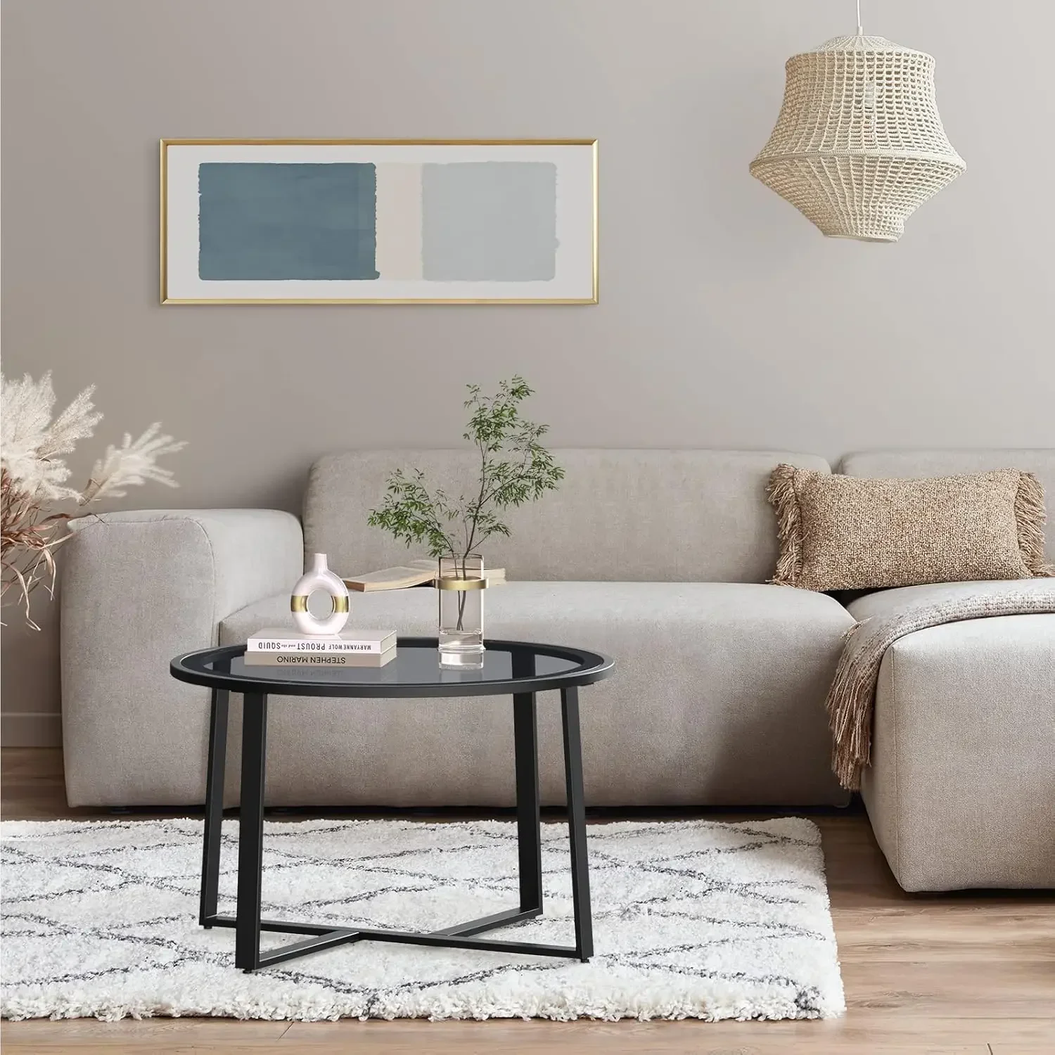 Coffee Table, 27.6" Round Coffee Table with Tempered Glass Surface, Center Table for Living Room, Dining Room, Tea,