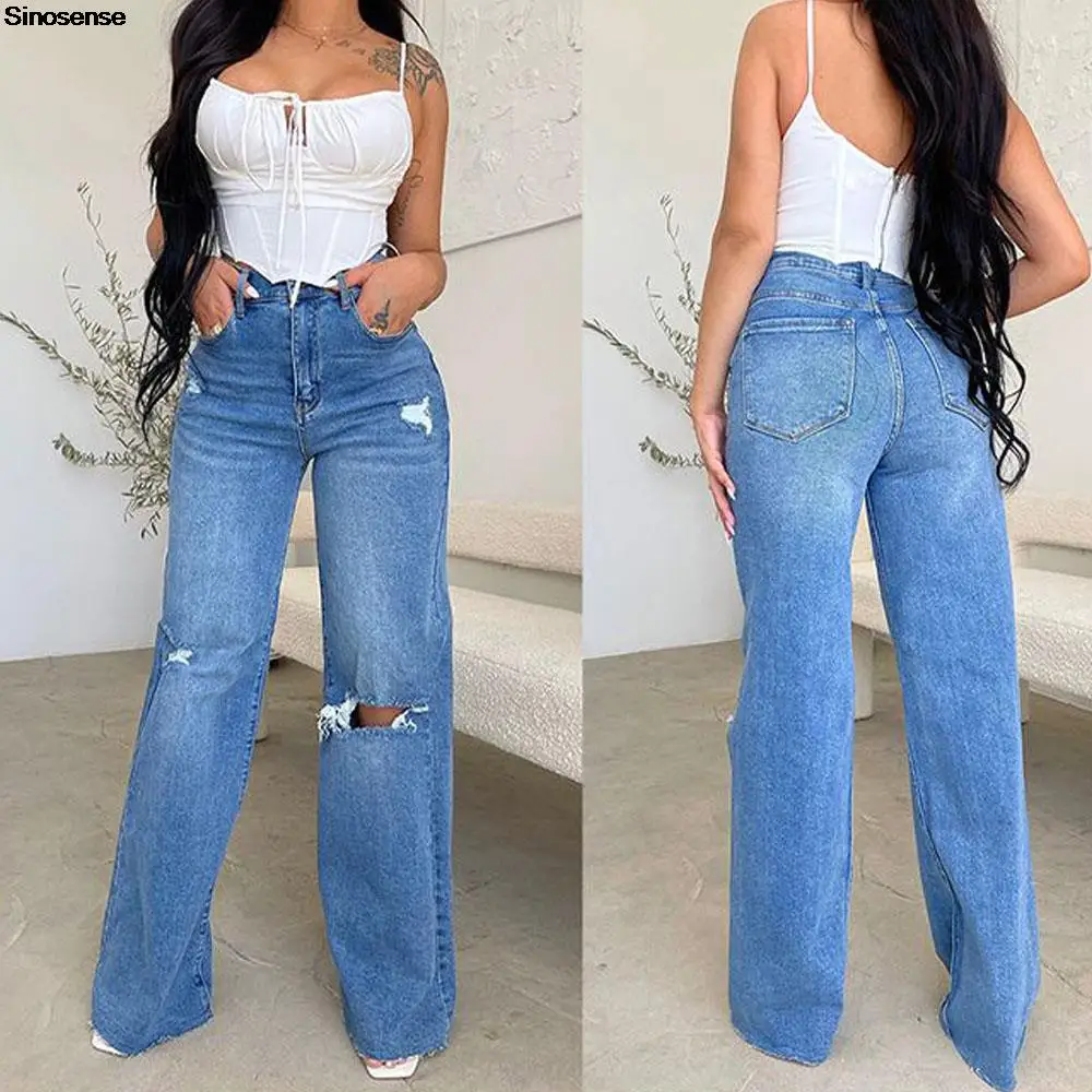 

Women's Casual Loose Ripped Denim Pants Distressed Wide Leg Jeans Ins Y2K Streetwear High Waist Long Trousers