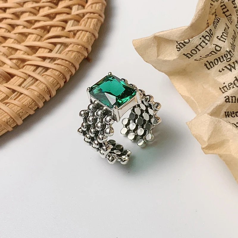 Foxanry 1 PCS Silver Color Green Zircon Cuff Ring For Women New Fashion Vintage Hip Hop Birthday Party Jewelry Accessories Gifts