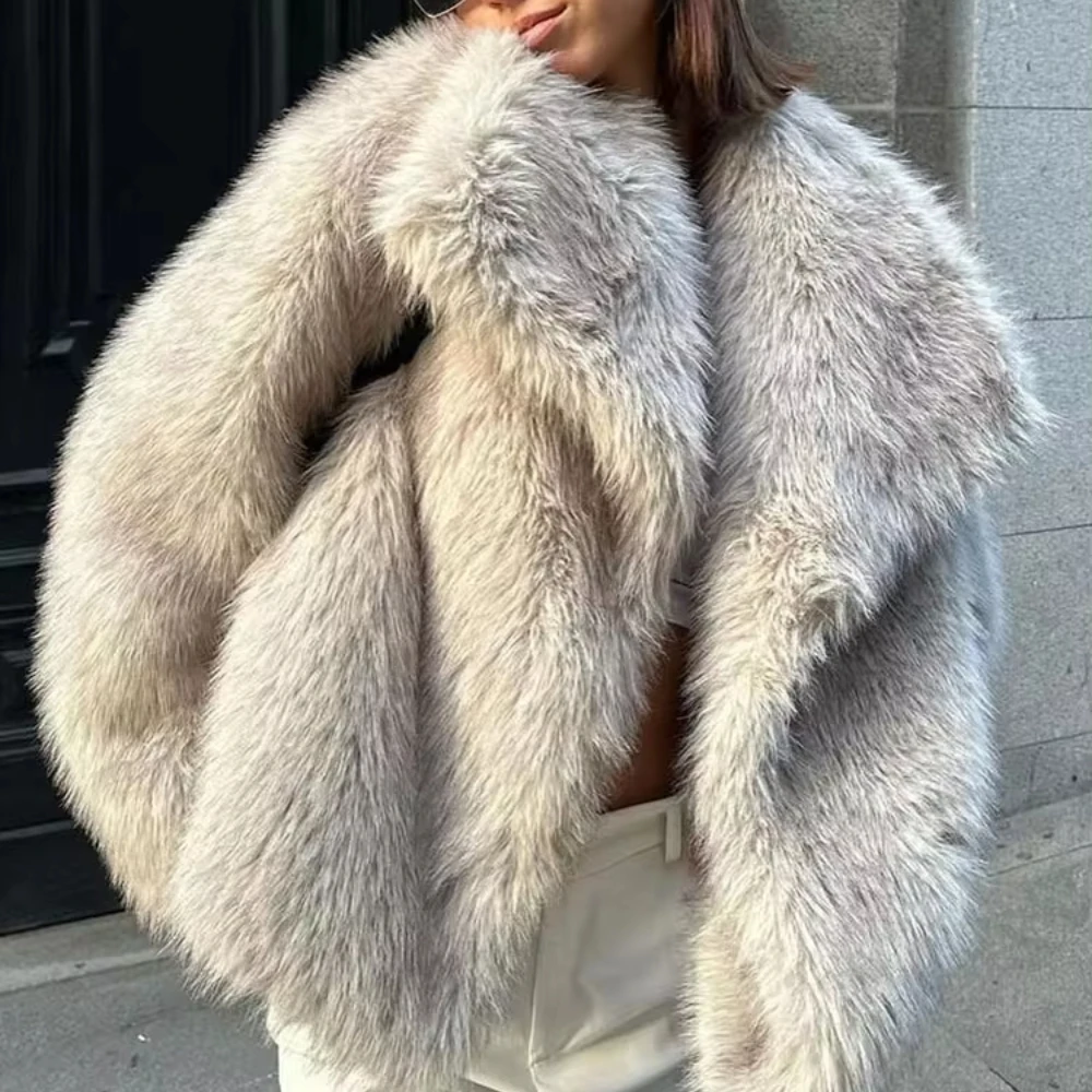 ZAD &ATA Chaqueta corta con efecto de piel Artificial para mujer, abrigo de mezcla de lana gris y negro, invierno 2024