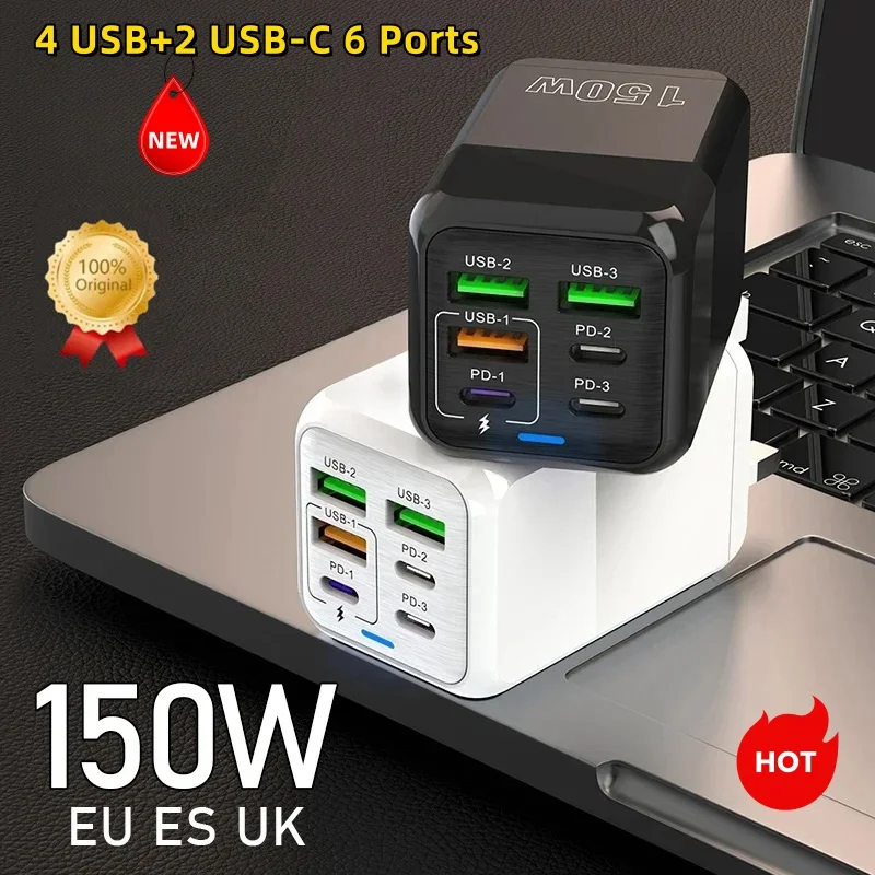 150W 6 Ports Fast Charger Wall Adapter Super Fast Charging PD QC 3.0 Usb C For iphone Samsung ipad Xiaomi Huawei Oneplus