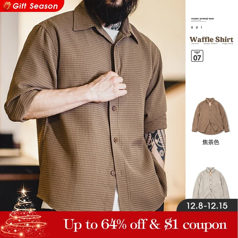 Maden Vintage Wrinkle-resistant Waffle Shirts Men\'s Solid Color Loose Fit Long Sleeve Button Down Shirt Going Out Camp Tops