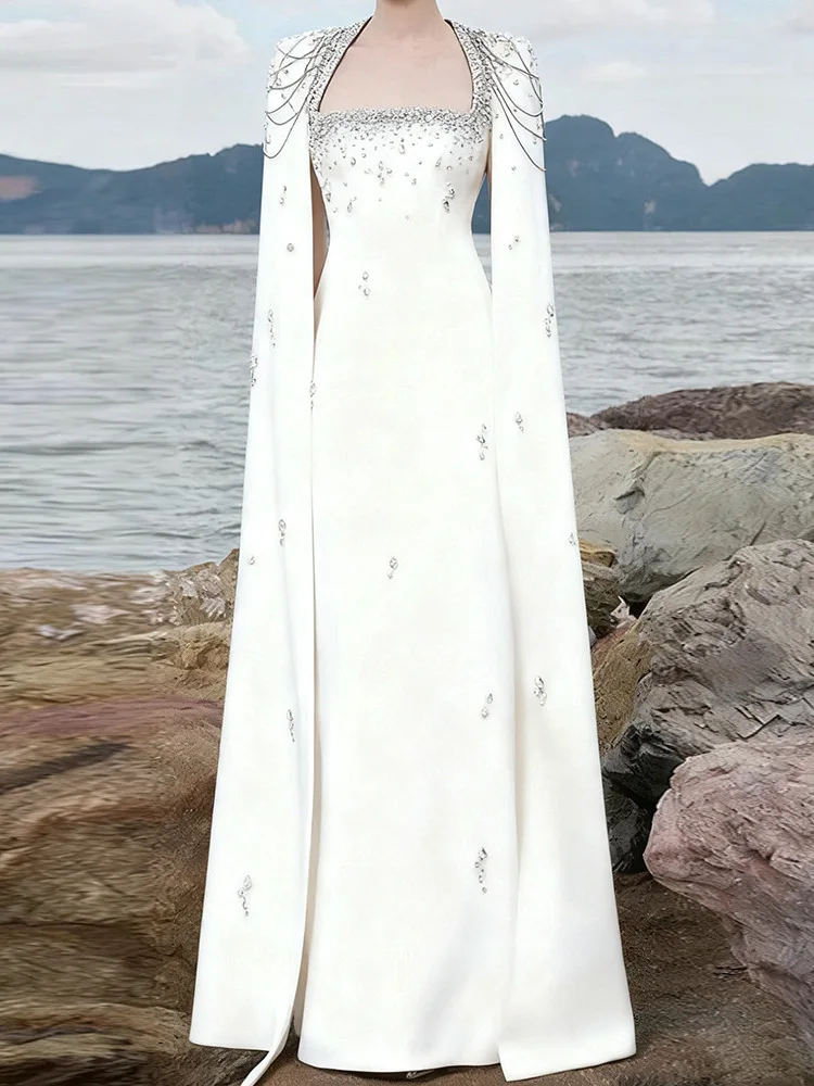 Robe de soirée longue ornée lourde avec poinçon oulder et chaîne pendentif nouveau 2025 Celebri Sle l coton Dr