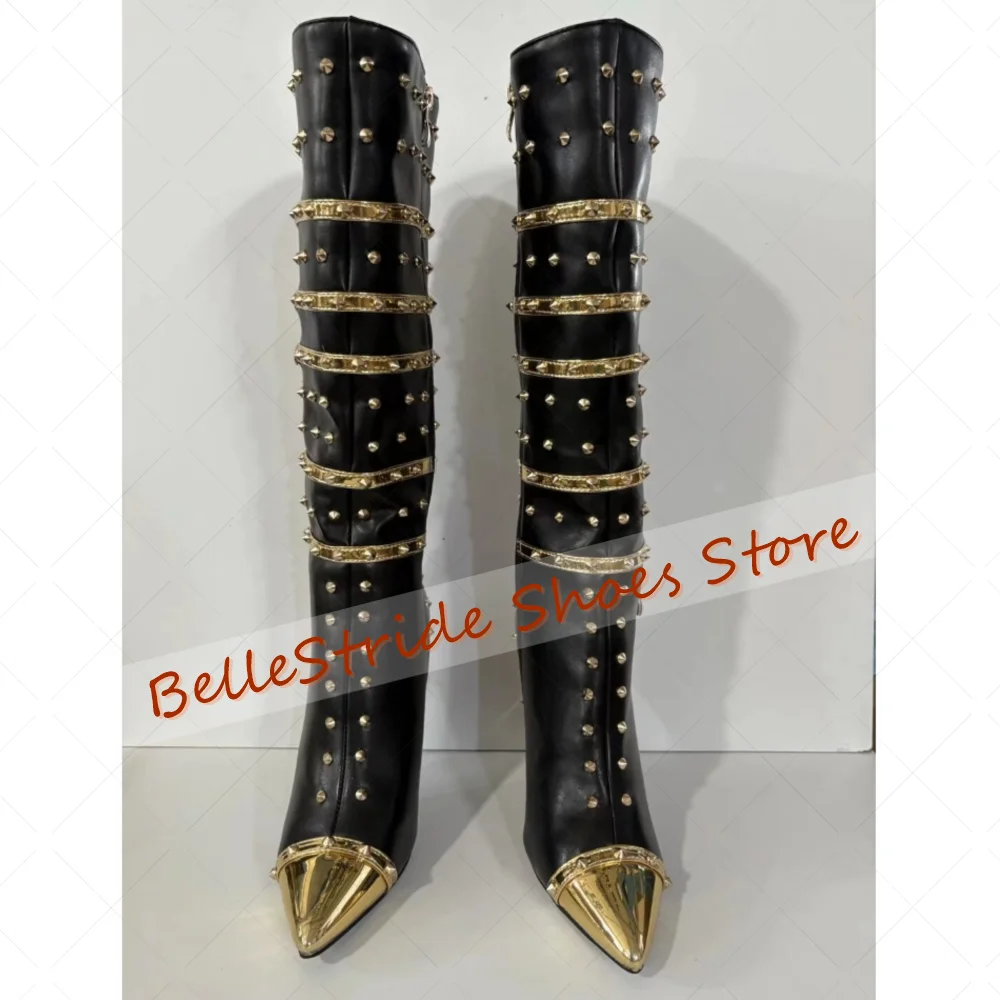 Black Rivets Side Zipper Decor Boots Pointed Toe Women Shoes Stilettos High Heels Party Banquet Dating 2025 Zapatos Para Mujere