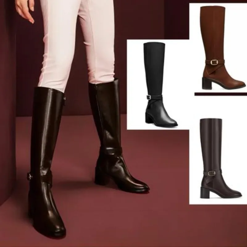 

European and American High-heeled Knee Length Cowhide Knight Boots for Women, Autumn and Winter British Style Zippered Boots