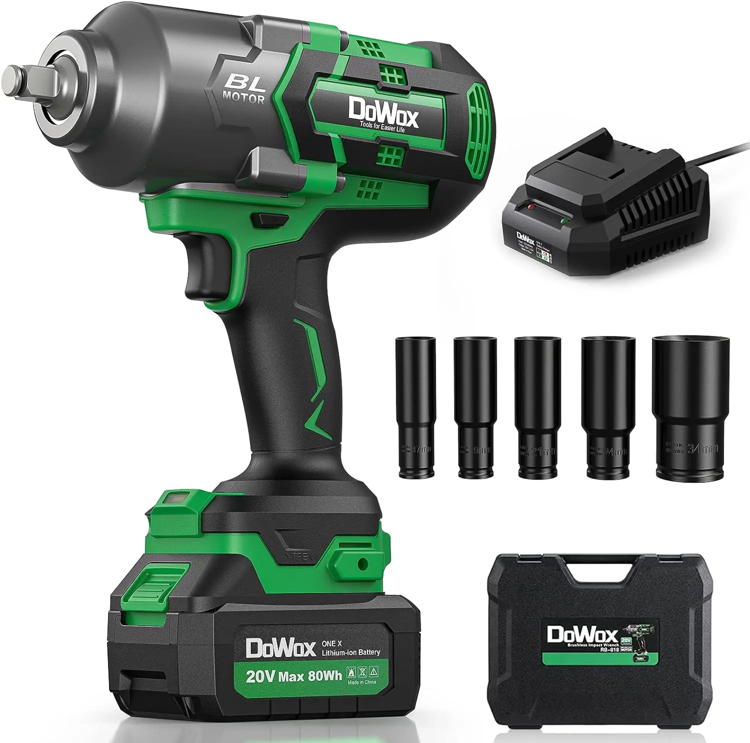 

Cordless Impact Wrench 1/2 Inch, High Torque 1200 Ft-lbs Brushless Impact Gun,20V Power 4.0 Ah Battery,Fast Charger,5 Pcs Socket