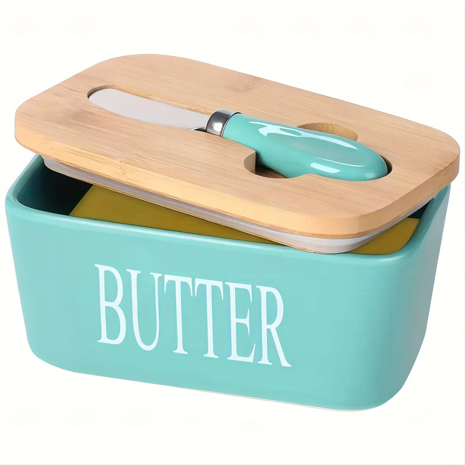 1 Set, Butter Dish with Bamboo Lid and Knife, Large Ceramic Butter Dish with Quality Silicone Sealing, Home Kitchen Items