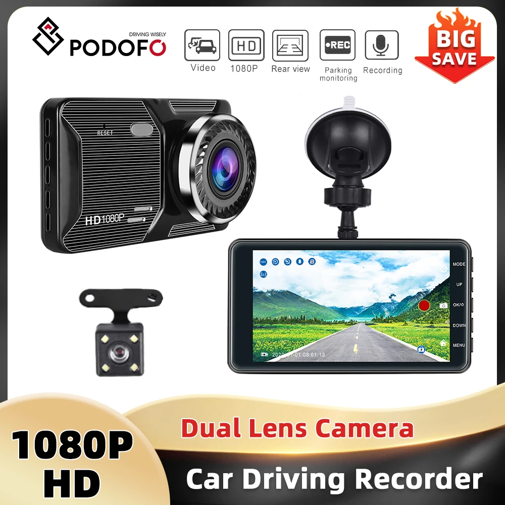Podofo 4'' 1080P Auto-DVR 150 °   Weitwinkel-Doppellinsen-Autospiegelrekorder, wasserdicht nach IP66, Fahrrekorder, Rückspiegel für Autos