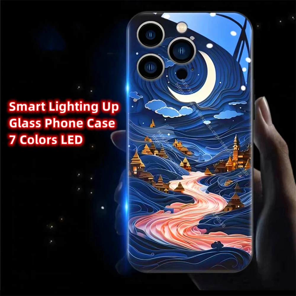 

Oil Painting Moonlight Village Smart LED Light Glow Glass Phone Case For Samsung S24 S23 S22 S21 S20 FE Note 20 Plus Ultra A54