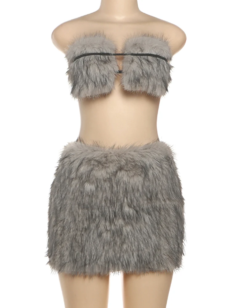 Cutenew fourrure dos nu Sexy 2 pièces ensemble femmes hauts sans bretelles + jupe de hanche pêche correspondant Hottie minuit Stretch Clubwear tenues