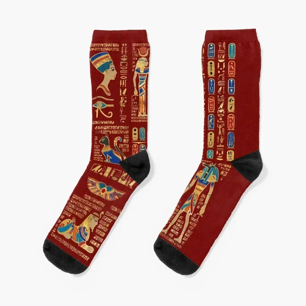 

Egyptian hieroglyphs and deities on red Socks sport hockey valentine gift ideas Climbing Socks Female Men's