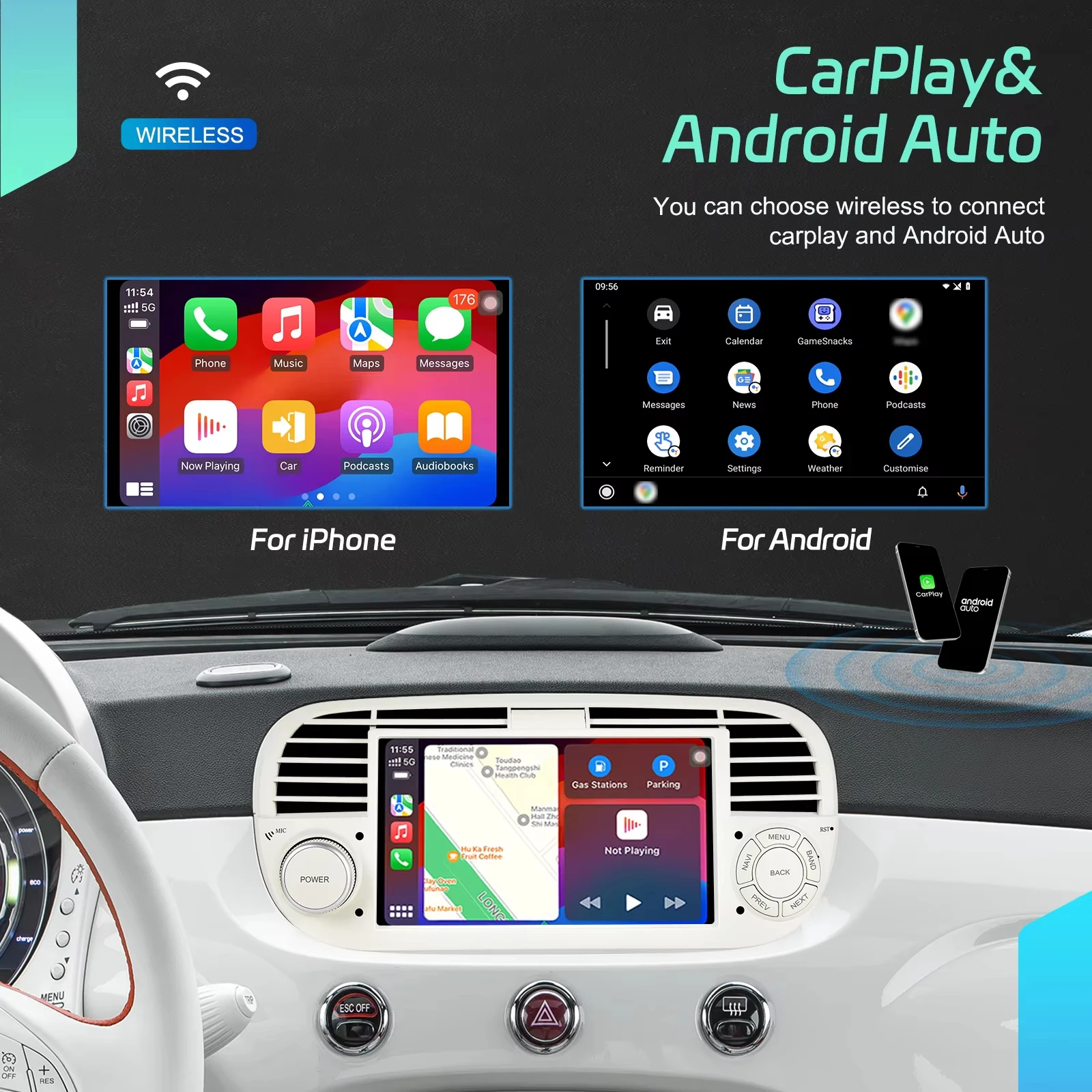 Radio para coche Podofo de 7 pulgadas con CarPlay Android para Fiat 500 2007-2015, sistema inteligente para coche, receptor estéreo GPS 2din, FM RDS, autorradio, unidad principal para salpicadero, navegación, reproductor multimedia para coche 4