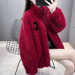 2024 Woman Clothing Stand Neck Lamb Wool Jacket Oversized Tops Winter Outwear Casual Korean Zipper Thicked Warm Coat y2k Clothes