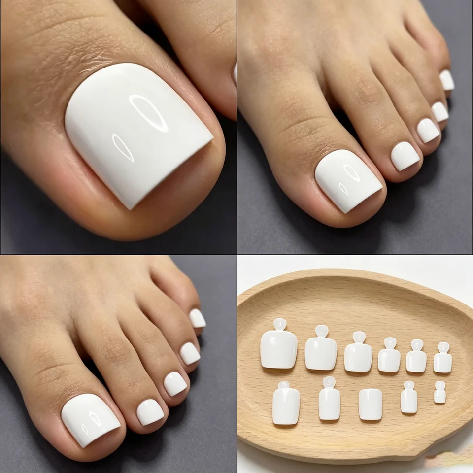 240 uñas postizas para pies, blancas, cuadradas, cortas, color sólido, superficie brillante 6