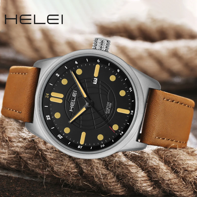 HELEI-Montre à quartz lumineuse avec bracelet en cuir véritable pour homme, montre-bracelet de sport décontractée, date, nouvelle mode