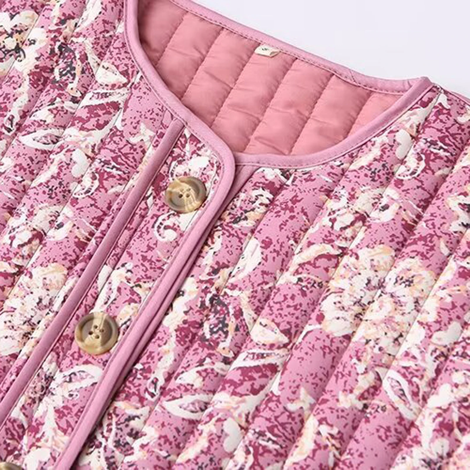 Dámská zkrácená prošívaná bunda s květinovým potiskem, prošívaný kabát s dlouhým rukávem, lehká vintage prošívaná bunda, svrchní oblečení - náhled 4