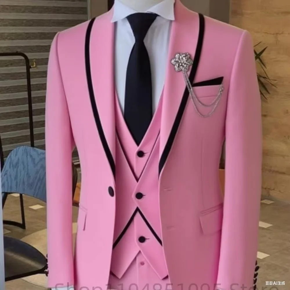 

Pink Mens 3 Piece Suits Slim Fit Shawl Lapel One Button Suit Blazer Vest Pants Wedding Prom Suits Formal Business Dinner Tuxedo