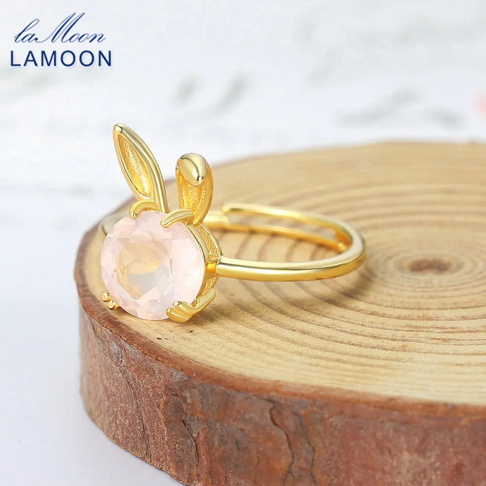 لامون الطبيعية روز كوارتز خاتم الأحجار الكريمة للنساء أرنب جميل 925 خاتم فضة 14K مطلية بالذهب غرامة مجوهرات هدية RI123