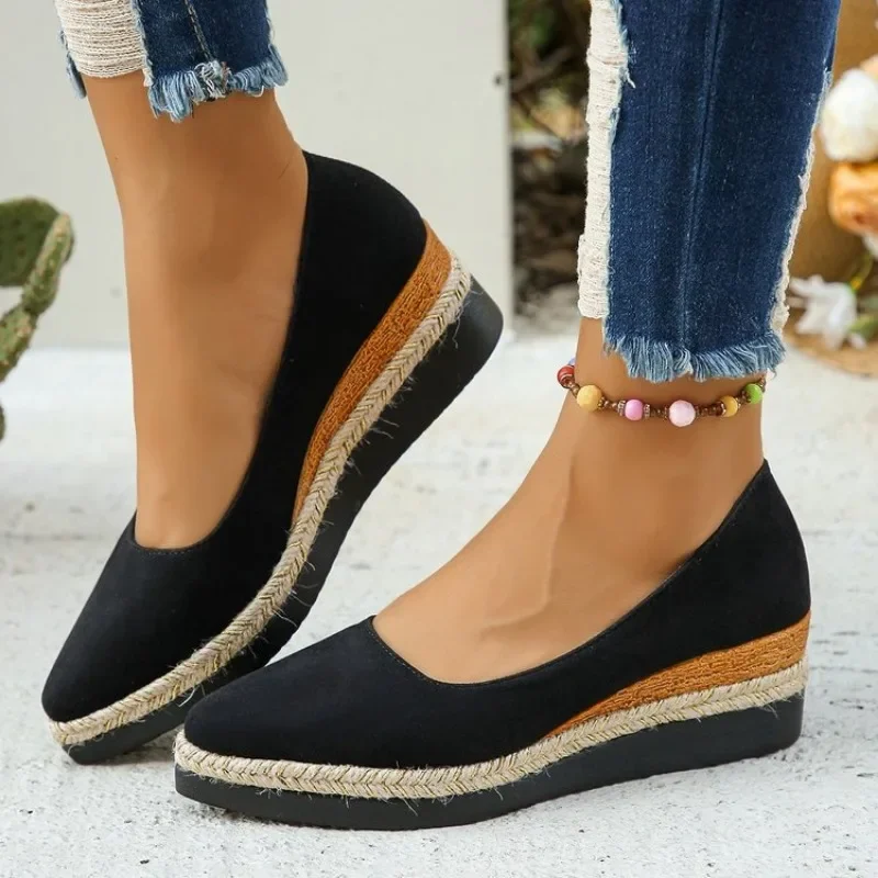 Zapatos de cuña para mujer, calzado informal, Retro, romano, cómodo y versátil, boca baja, Otoño, 2024