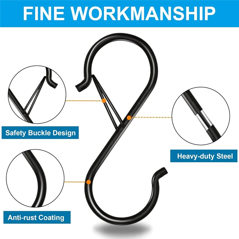 B08B-S Hooks With Safety Buckle(10PCS), Heavy Duty Metal For Organizing In Kitchen, Closet, Garage