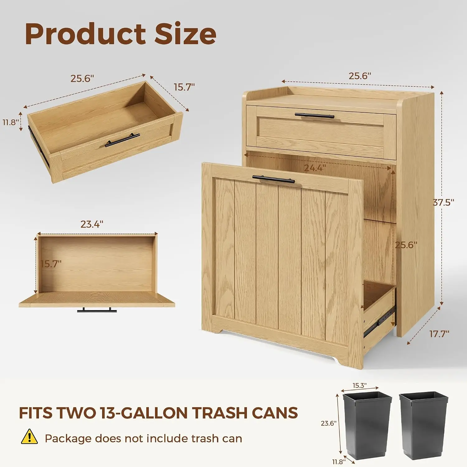 Pull Out Trash Can Cabinet, Double Hidden Garbage Recycling Bin Holder, Kitchen Laundry Storage Organizer With Drawer, Farmhouse Freestanding Pet Proof Design, Oak Finish, 1 Piece