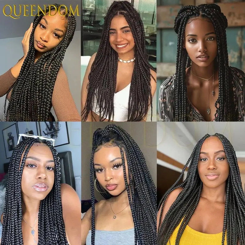 36 بوصة صندوق جامبو شعر مستعار مضفر طويل أسود الاصطناعية كامل الدانتيل جديلة شعر مستعار كبير مربع Knotless صندوق الضفائر شعر مستعار للنساء السود