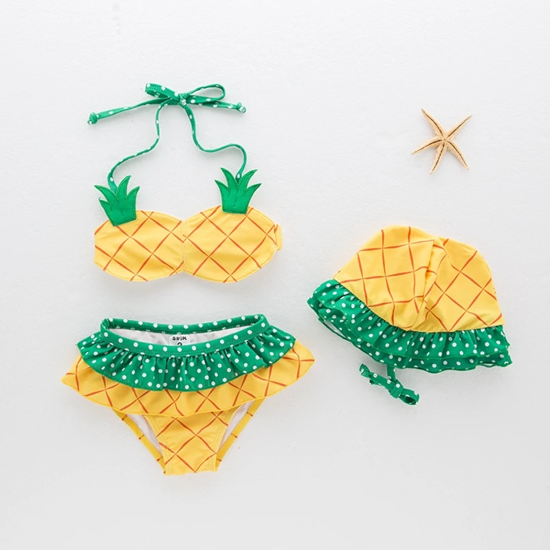 2024 Baby Bade bekleidung Kinder Mädchen 3 Stück Badeanzug Bikini Sommer Kinder niedlichen Erdbeer Ananas Bade bekleidung für Strand urlaub