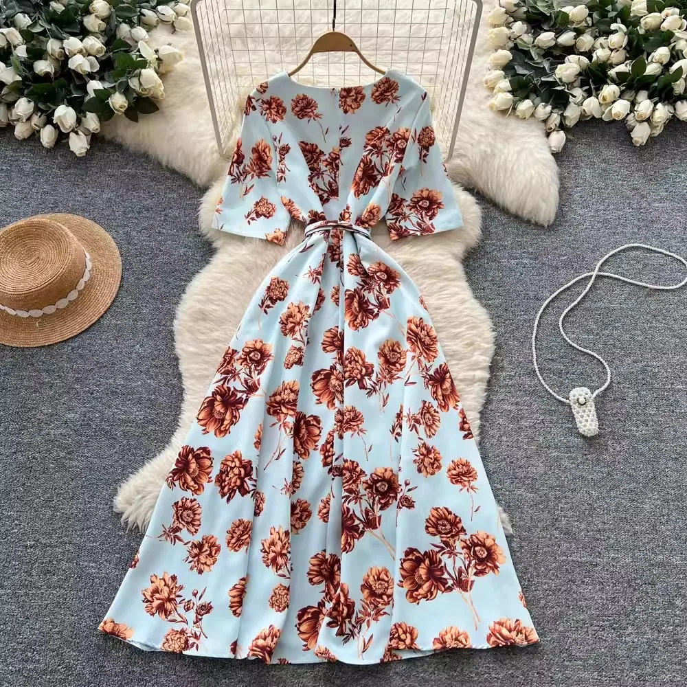 Damska codzienna sukienka w kwiaty w stylu boho na imprezę, elegancka letnia sukienka z krótkim rękawem, sznurowana w talii, długa sukienka, elegancka koszulowa sukienka damska.