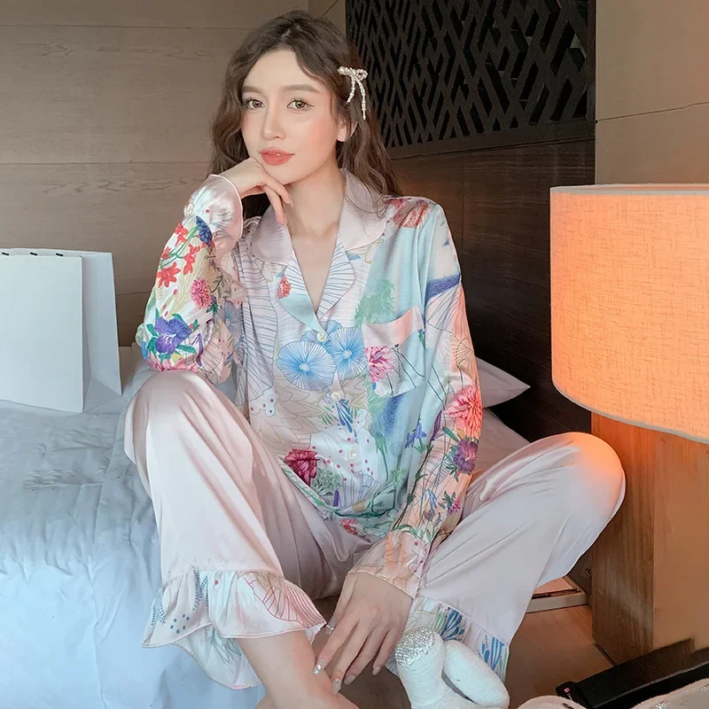 French Thin Ice Silk Women's Pajamas Sets High-end Simulation Silk Home Service Sleepwear Spring and Autumn Nightwear Suit