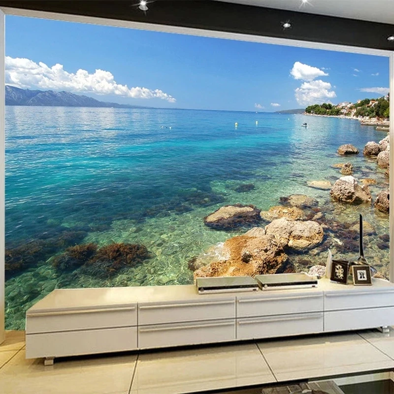 Customized Wallpaper 3D Seaside Landscape Stone Mural reef Ocean Blue Sky Living room sofa TV background wall bedroom restaurant