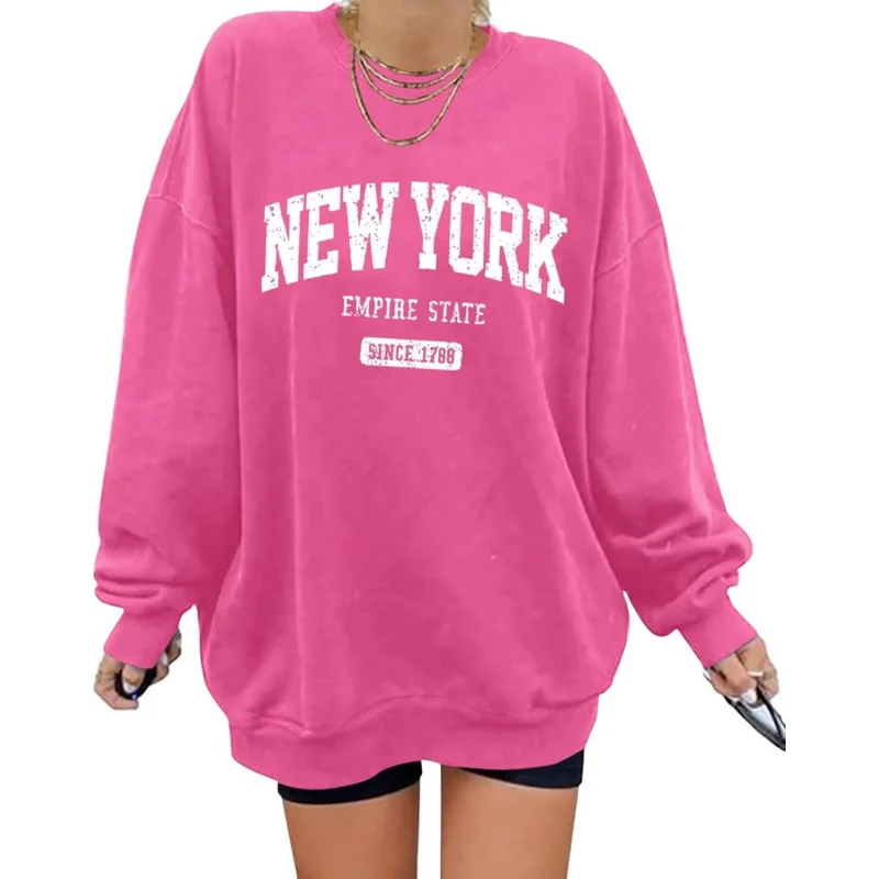 Women\'s oversized pattern sports shirt long sleeved round neck pullover casual autumn hoodie top pink