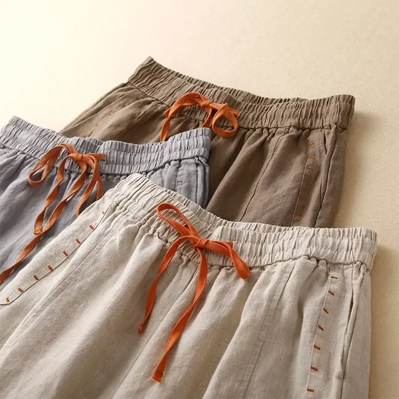 Grijs katoen linnen casual elastische hoge taille losse wijde pijpen damesbroek enkellange broek voor dameskleding 2025, mode